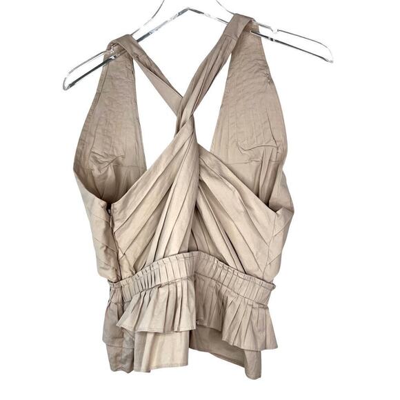Ramy Brook Grace Cutout Halter Top Flax Tan Ruffles Pleated Twisted 0 NEW - Picture 3 of 7